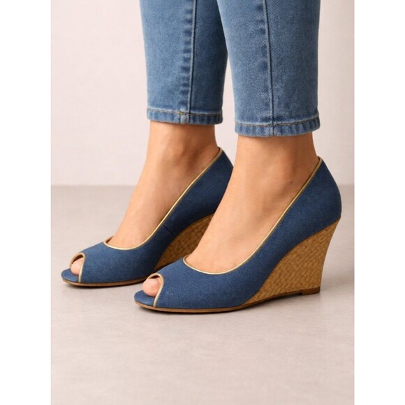 Aj Valenci Shoes - A J Valenci Peep Toe Denim Wedge Pumps Blue Gold Trim Size 9W – EUC